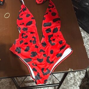 Red and Black Animal Print Swimsuit
